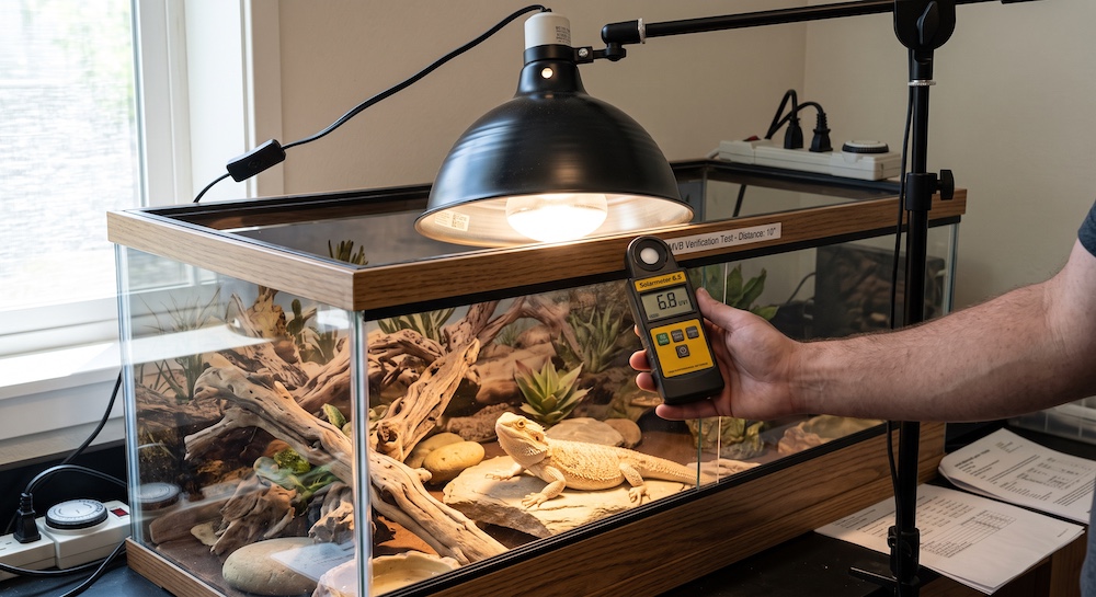 Mercury vapor bulb mounted above a terrarium with a UV index meter measuring actual output nearby