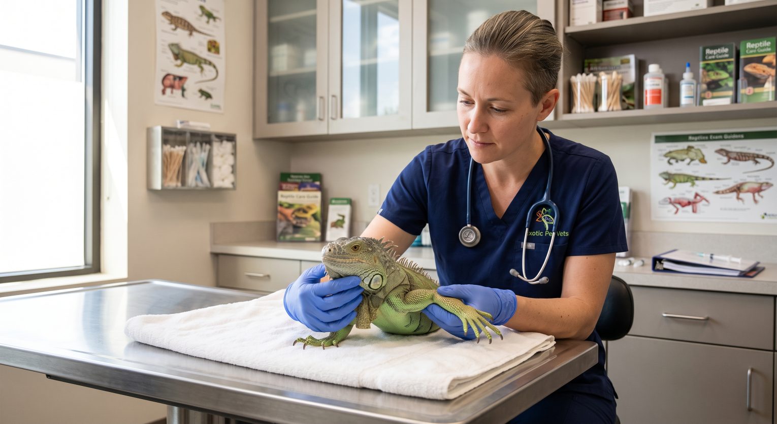 Veterinarian examining a reptile's jaw and limbs during a health check, illustrating early detection of metabolic bone disease
