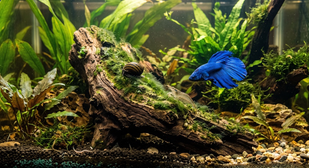 Nerite snail and Amano shrimp cleaning algae near a betta fish in a planted aquarium