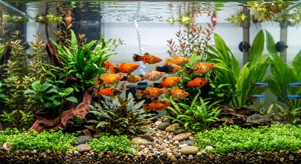 Orange and black platies swimming together in a freshwater community aquarium