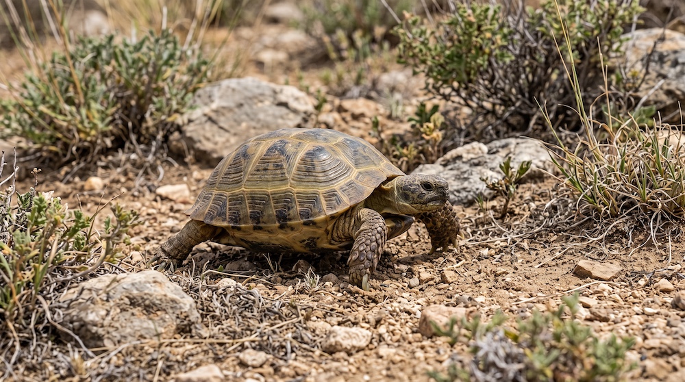 Russian tortoise walking across a naturalistic outdoor enclosure