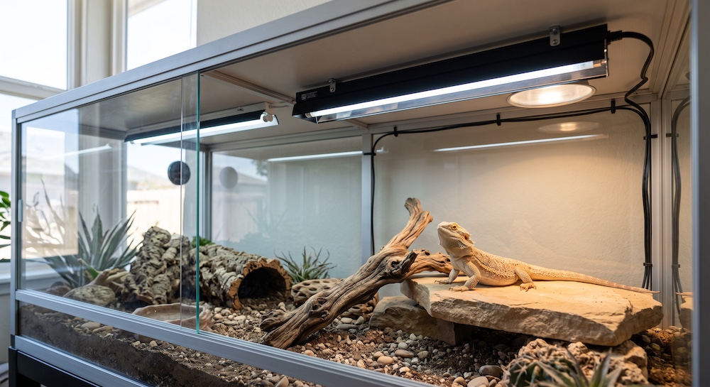 T5 HO UVB fluorescent tube fixture mounted inside a reptile terrarium above the basking zone