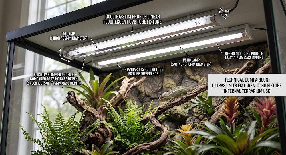 T8 linear fluorescent UVB tube shown for size and technology comparison against newer T5 HO tubes