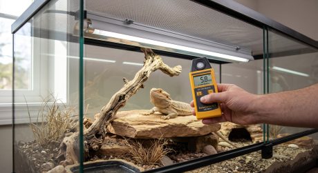T5 HO UVB fluorescent tube mounted inside a reptile terrarium above a basking area, with a UV index meter measuring output